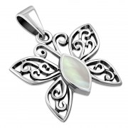 Ethnic Butterfly Silver Pendant, set w Mother of Pearl